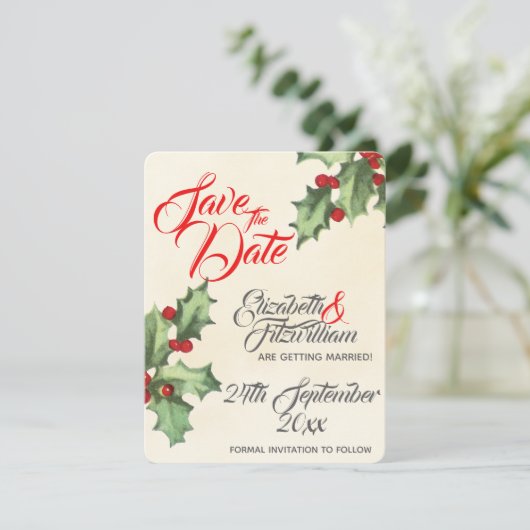 ヴィンテージホリー結婚式の日付を保存 招待状 (スタンド正面)