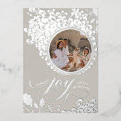 ヴィンテージホリー1枚の写真グレーのクリスマスの喜び 箔シーズンカード (正面)