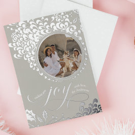 ヴィンテージホリー1枚の写真グレーのクリスマスの喜び 箔シーズンカード