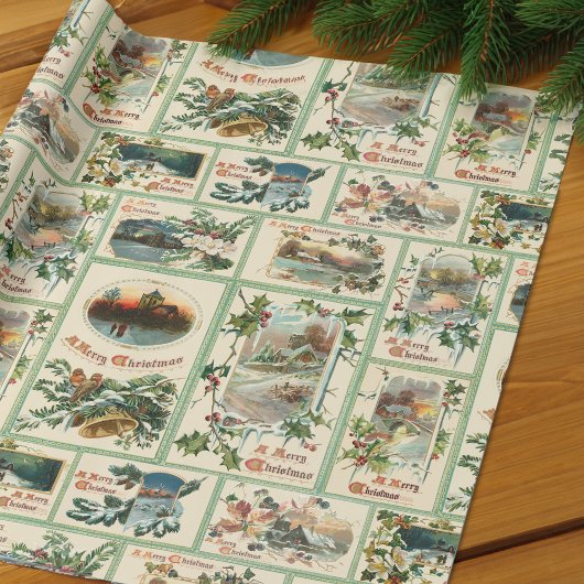 ヴィンテージホリ素朴ークリスマスカードコラージュ ラッピングペーパー