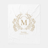 ヴィンテージホワイトおよび金ゴールドフローラクレストモノグラム フリースブランケット (正面)