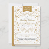 ヴィンテージホワイトおよび金ゴールドフローラブックカバ結婚ー 招待状 (正面)