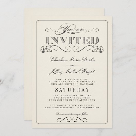 ヴィンテージホワイトエレガントなウェディング招待状WT313 招待状 (正面/裏面)