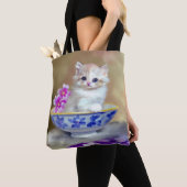 ヴィンテージホワイトキッテンイラストレーション トートバッグ (クローズアップ)