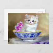 ヴィンテージホワイトキッテンイラストレーション ポストカード (正面/裏面)