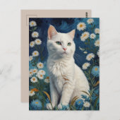 ヴィンテージホワイトキャットフラワーズブルーポートレートバンゴッホ ポストカード (正面/裏面)
