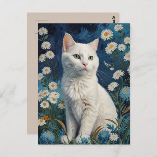 ヴィンテージホワイトキャットフラワーズブルーポートレートバンゴッホ ポストカード (正面/裏面)