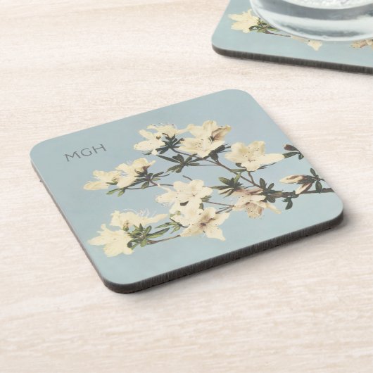 ヴィンテージホワイトクリームつつじ花モノグラムコルク コースター (左側)