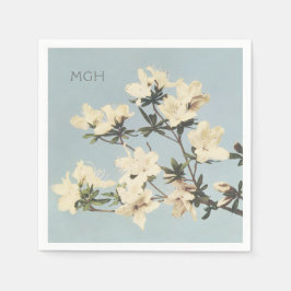 ヴィンテージホワイトクリームアザレアフラワーズモノグラムナプキン スタンダードカクテルナプキン