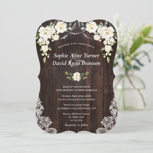 ヴィンテージホワイトクリームフラワーウッドレース結婚ズ 招待状 (スタンド正面)