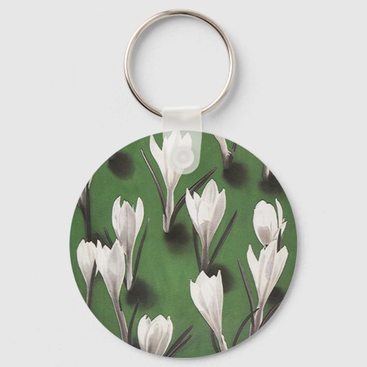 ヴィンテージホワイトクロッカス花柄ガーデンフラワー キーホルダー (正面)