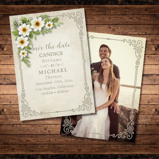 ヴィンテージホワイトデイジーフローラロマン結婚ティック セーブザデート