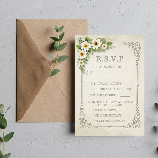 ヴィンテージホワイトデイジーフローラロマン結婚ティック 出欠カード