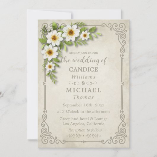 ヴィンテージホワイトデイジーフローラロマン結婚ティック 招待状 (正面)