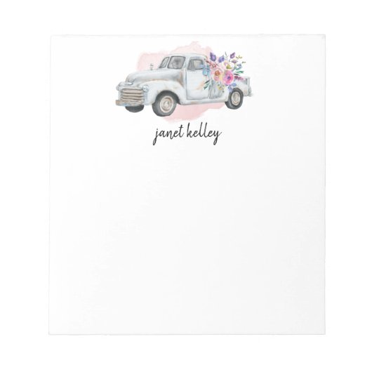 ヴィンテージホワイトファームトラックと花パーソナライズされた、 ノートパッド (正面)