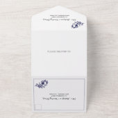 ヴィンテージホワイトフローラフレームネイビー結婚ブルー オールインワン招待状 (外側)