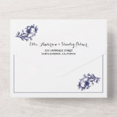 ヴィンテージホワイトフローラフレームネイビー結婚ブルー オールインワン招待状 (裏面)