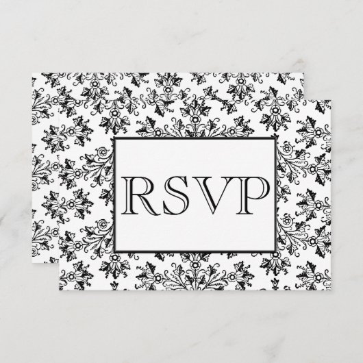 ヴィンテージホワイトブラックダマスク編集可能RSVPカード 招待状 (正面/裏面)