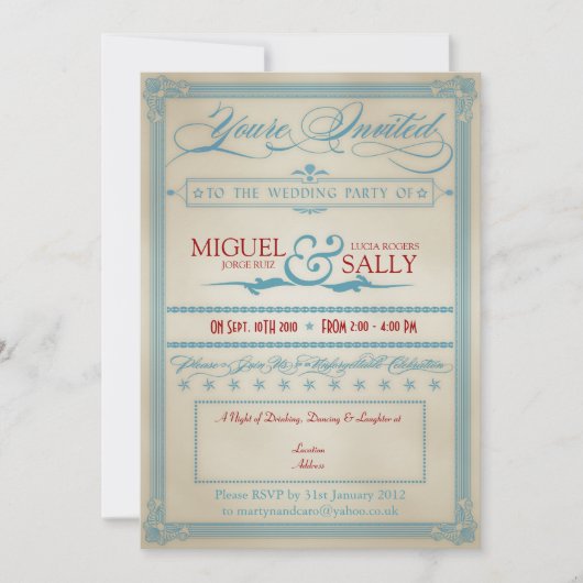 ヴィンテージホワイトブルー結婚ズ夕べのみ 招待状 (正面)