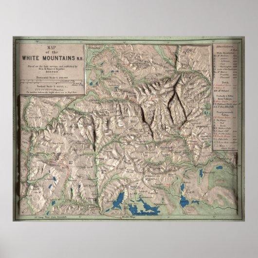 ヴィンテージホワイトマウンテンズフィジカルマップ(1872) ポスター (正面)