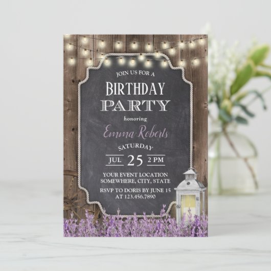 ヴィンテージホワイトランタンラベンダーフローラ誕生日 招待状 (スタンド正面)