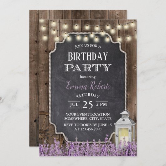 ヴィンテージホワイトランタンラベンダーフローラ誕生日 招待状 (正面/裏面)