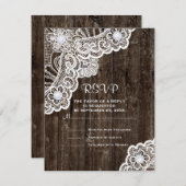 ヴィンテージホワイトレースの古い木製ウェディングRSVP 出欠カード (正面/裏面)