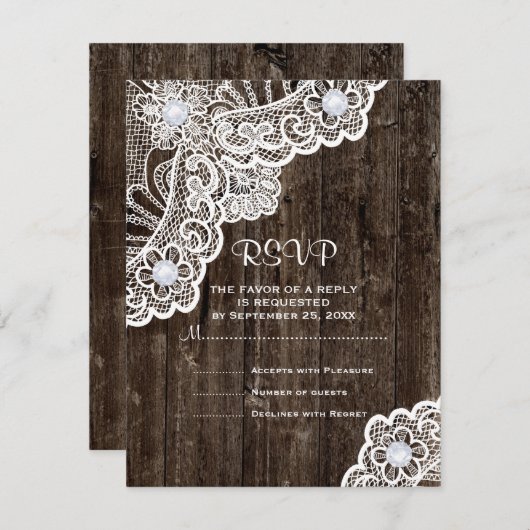 ヴィンテージホワイトレースの古い木製ウェディングRSVP 出欠カード (正面/裏面)