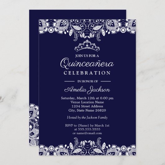 ヴィンテージホワイトレースティアラネイビーキンセアニェラ 招待状 (正面/裏面)