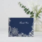 ヴィンテージホワイトレースネイビー結婚ブルー感謝していユー ポストカード (スタンド正面)