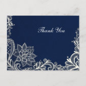 ヴィンテージホワイトレースネイビー結婚ブルー感謝していユー ポストカード (正面)