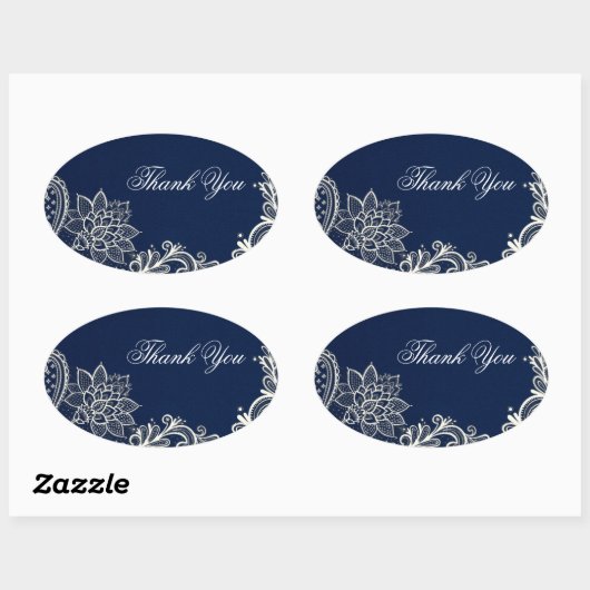 ヴィンテージホワイトレースネイビー結婚ブルー感謝していユー 楕円形シール (シート)