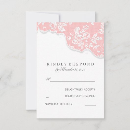 ヴィンテージホワイトレースピンクウェディングRSVP 出欠カード (正面)