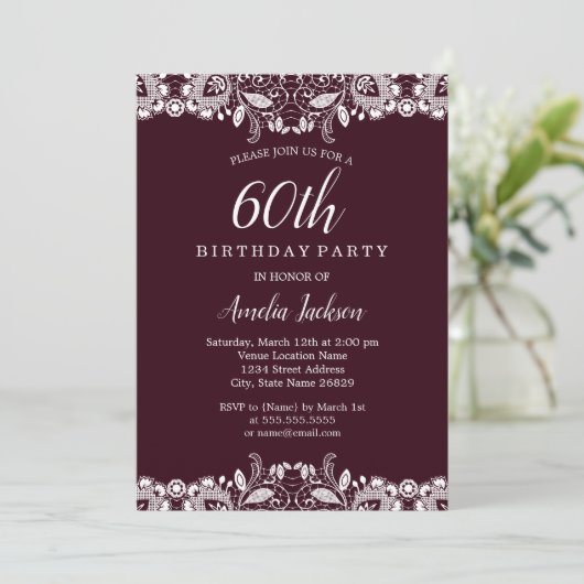 ヴィンテージホワイトレースブルゴーニュ60th誕生日パーティー 招待状 (スタンド正面)