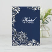 ヴィンテージホワイトレース模様ネイビーブルーブライダルシャワー 招待状 (スタンド正面)