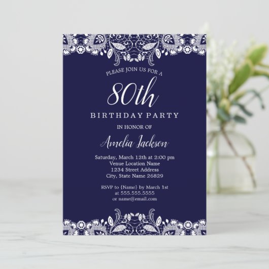 ヴィンテージホワイトレース海軍80th誕生日パーティー 招待状 (スタンド正面)