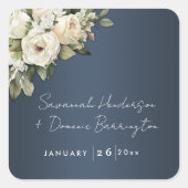 ヴィンテージホワイトローズオンダスティブルー結婚ズ スクエアシール (正面)