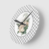 ヴィンテージホワイトローズチェッカーボード  ラウンド壁時計 (傾斜)