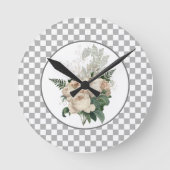 ヴィンテージホワイトローズチェッカーボード  ラウンド壁時計 (正面)