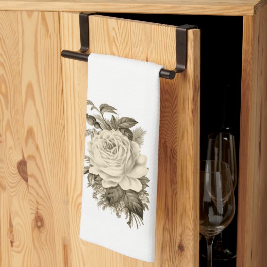 ヴィンテージホワイトローズフローラキッチンハンドタオル キッチンタオル (三つ折り)