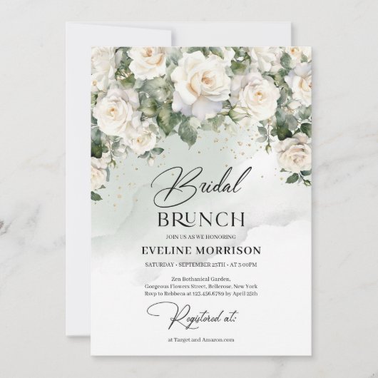 ヴィンテージホワイトローズユーカリプグリーンと金ゴールド 招待状 (正面)