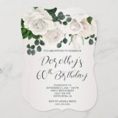 ヴィンテージホワイトローズラグジュアリー60誕生日 招待状 (正面/裏面)