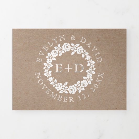 ヴィンテージホワイトローズリースクラフト結婚ダンボール 三つ折り招待状 (カバー)
