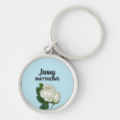 ヴィンテージホワイトローズ名前をカスタムするオンブルー キーホルダー (正面)