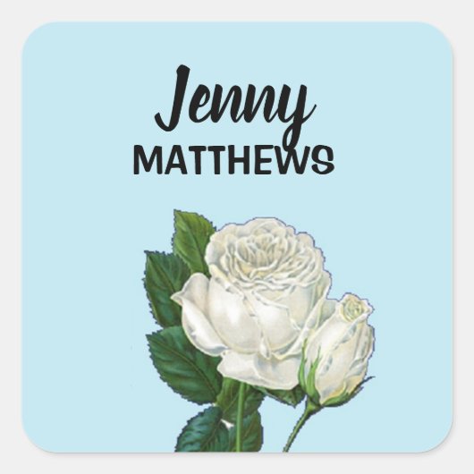 ヴィンテージホワイトローズ名前をカスタムするオンブルー スクエアシール (正面)