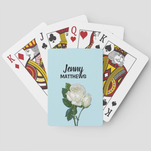 ヴィンテージホワイトローズ名前をカスタムするオンブルー トランプ (裏面)
