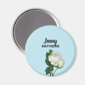 ヴィンテージホワイトローズ名前をカスタムするオンブルー マグネット (正面/裏面)
