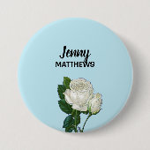 ヴィンテージホワイトローズ名前をカスタムするオンブルー 缶バッジ (正面)