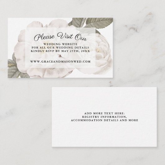 ヴィンテージホワイトローズ結婚のウェブサイトRSVPと詳細 エンクロージャーカード (正面/裏面)