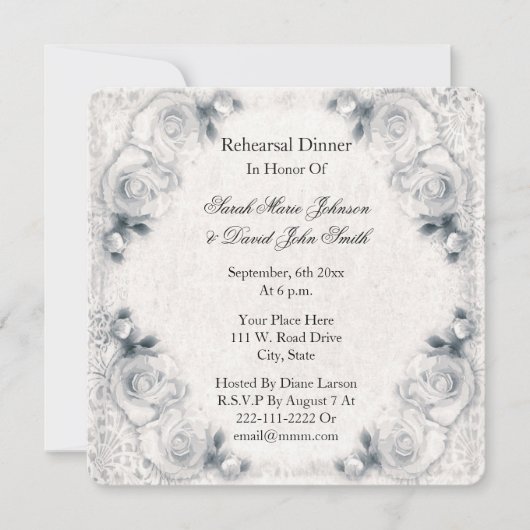 ヴィンテージホワイトローズ結婚のリハーサル招待状 招待状 (正面)